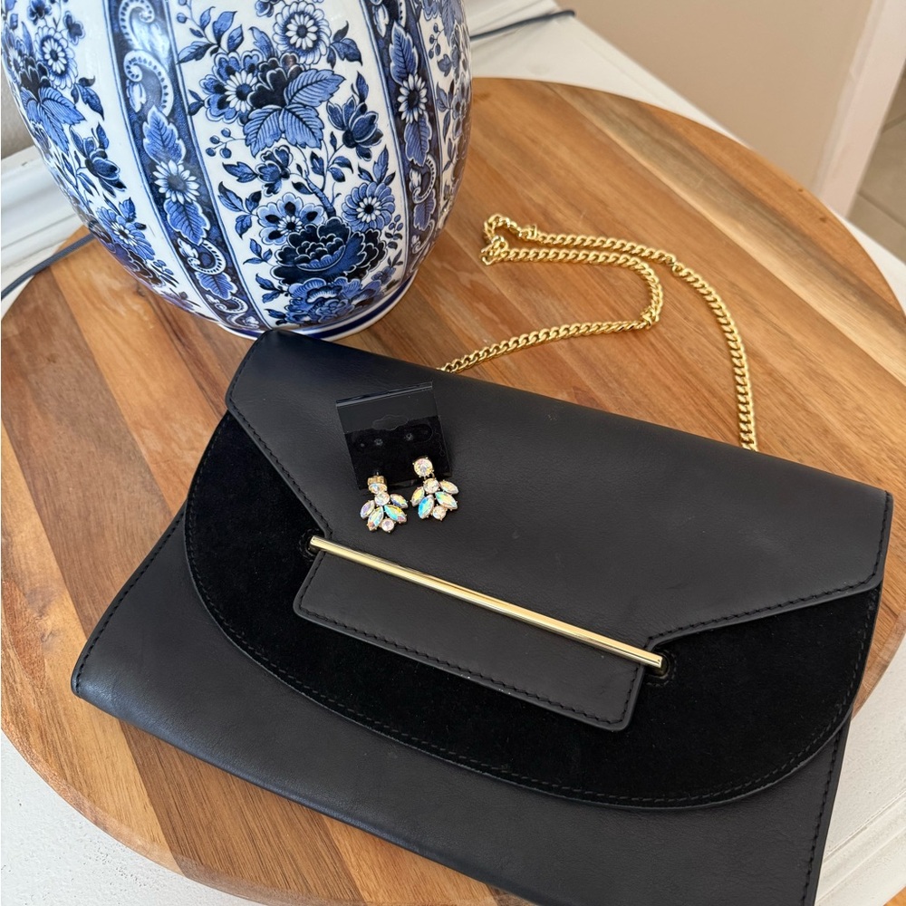 Vince Camuto Black Leather Suede fold over gold chain purse